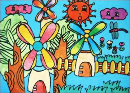 大风车儿童画-漂亮的风车小屋