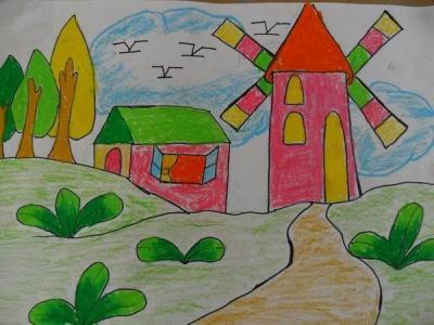 大风车儿童画-郊外的风车