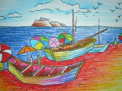 船和大海儿童画-海边的小船