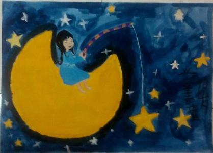 月亮儿童画-在月亮上钓星星