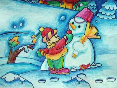 儿童画堆雪人-雪中的小雪人
