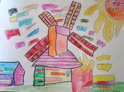 大风车儿童画-古老的风车