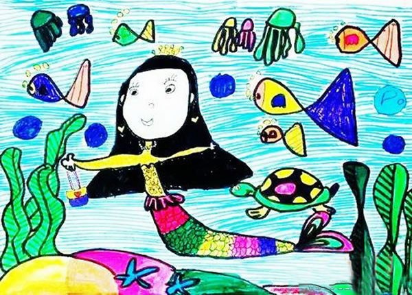 海底世界的美人鱼简单漂亮的儿童画作品