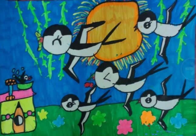 春天归来的燕子儿童画 一幅关于春天儿童画简单的画