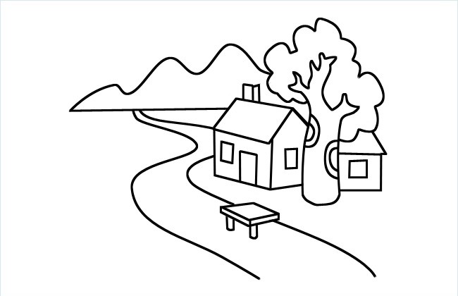 简笔画房子和树和小河图片