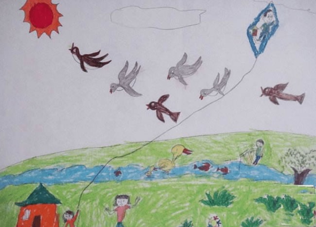 春天放风筝主题的儿童画优秀作品