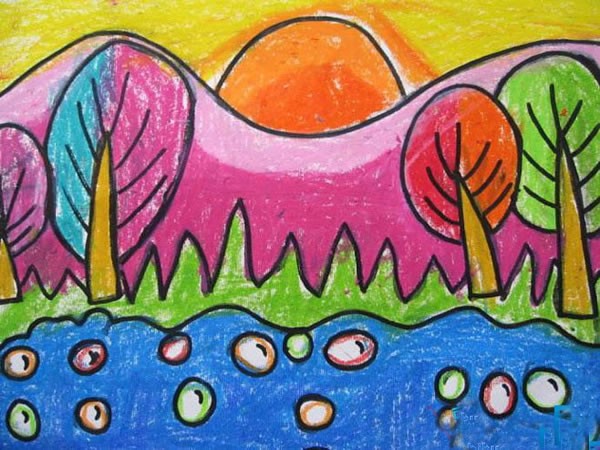 简单的日出儿童画油画棒画作品 美丽日出风景儿童画
