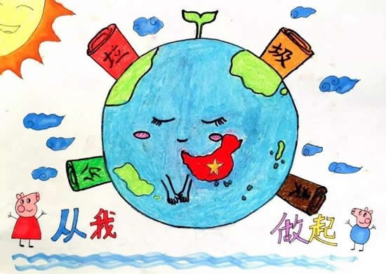 参与垃圾分类保护地球家园儿童画简单又漂亮