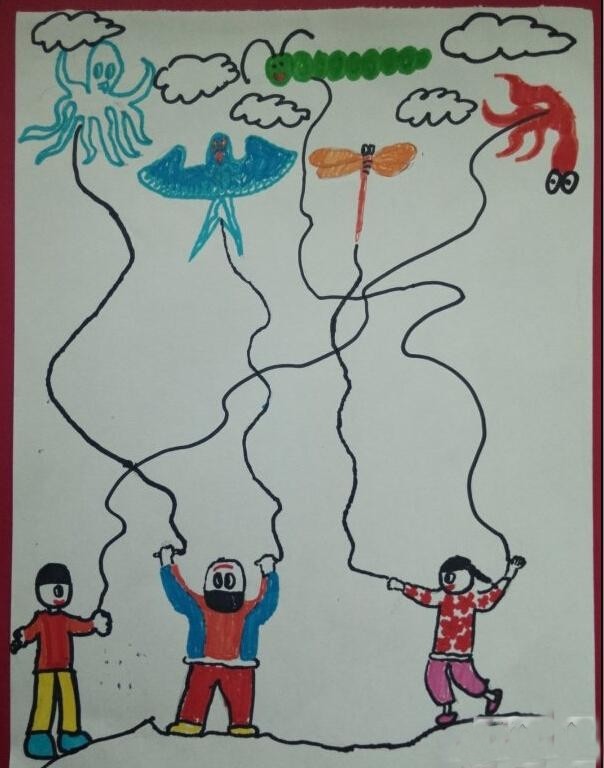 儿童画春天放风筝的图画/油画棒画图片