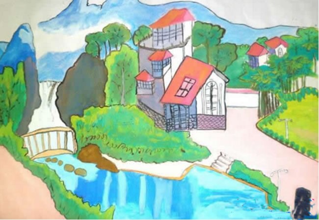 儿童画我美丽的家乡风景画 美丽的家乡优秀儿童画作品欣赏