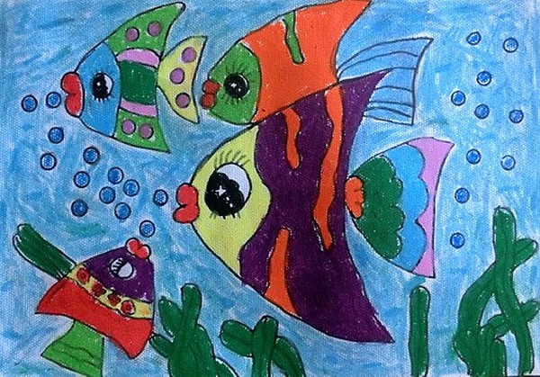 海底世界一群多彩的热带鱼儿童画油画棒图片