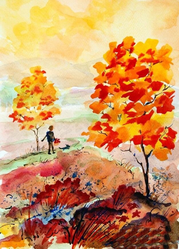 美丽的秋天图画 国外秋天儿童水彩画作品