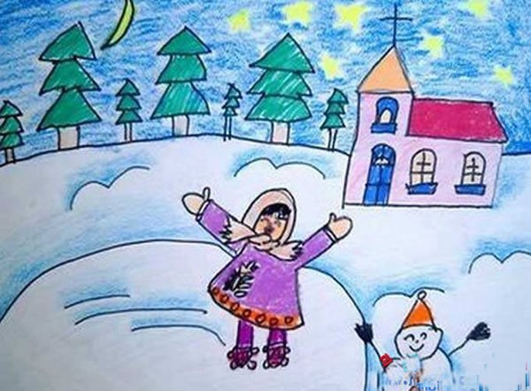 夜晚冬天的雪景儿童画简易/水彩画图片