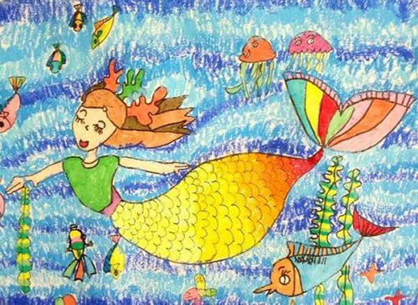 海里的漂亮美人鱼儿童画-油画棒画图片