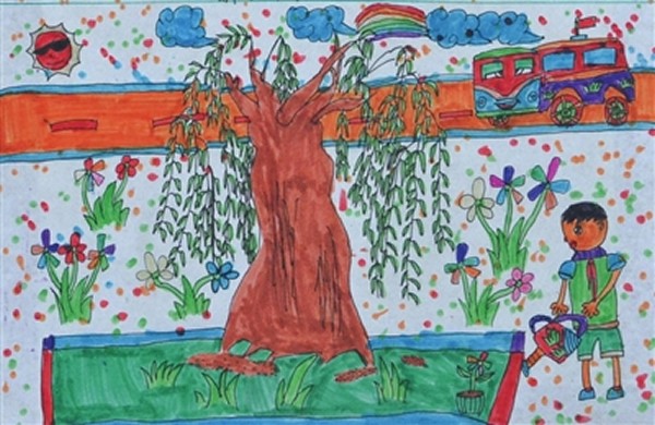 春天的柳树儿童画怎么画/水彩画图片