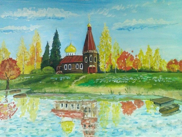 国外小朋友优秀儿童风景画欣赏 郊外的教堂/水彩画图片