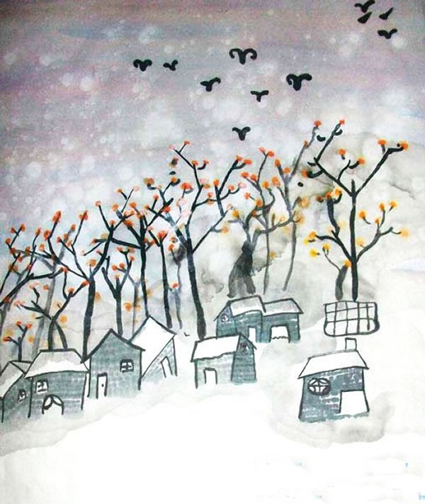 冬天的山村雪景图片儿童画 儿童国画雪景的画法