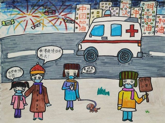 抗击疫情儿童画简单的，与疫情有关的儿童画
