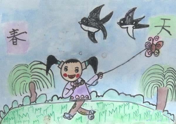 儿童画春天放风筝的图画_二年级春天儿童画