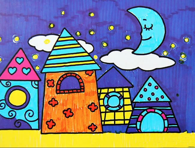 月亮下的美丽小镇儿童画 优秀儿童风景画作品欣赏