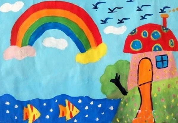 【大海彩虹图画儿童画】七到八岁学生画彩虹的水粉画