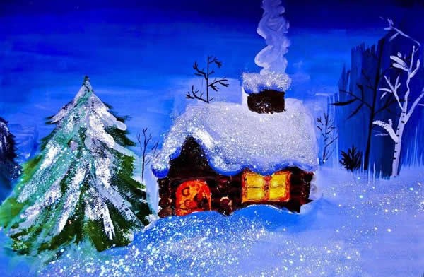 夜晚冬天的风景儿童画/水彩画图片