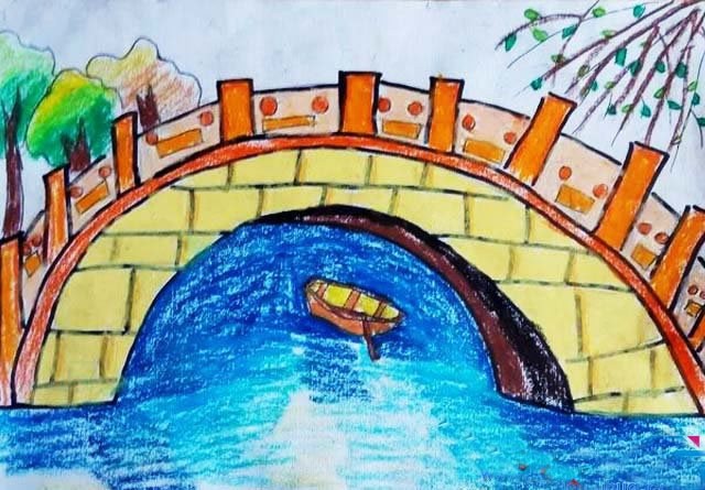 江南小桥流水儿童风景画作品图片