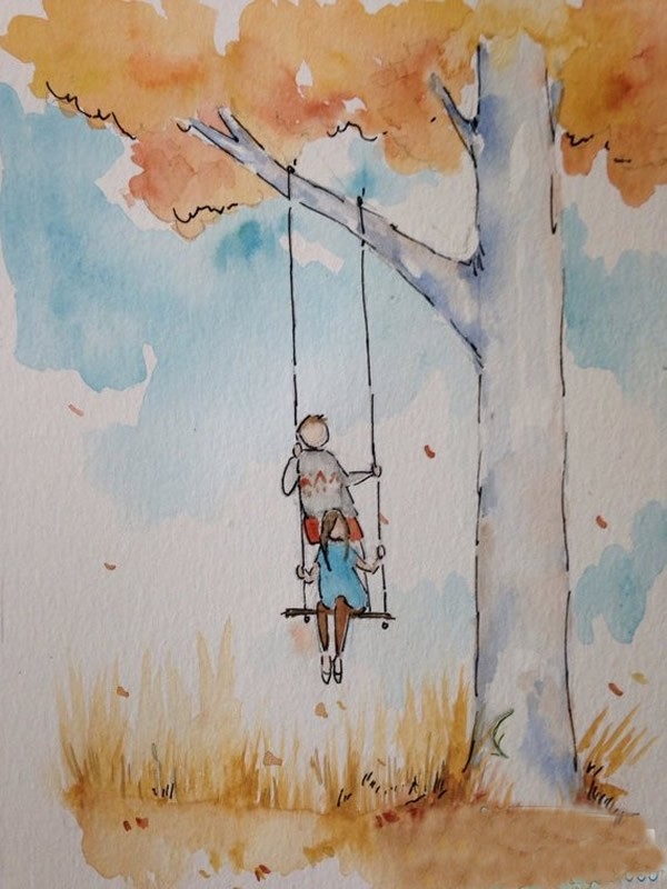 儿童画秋天的图画欣赏 欢乐荡秋千