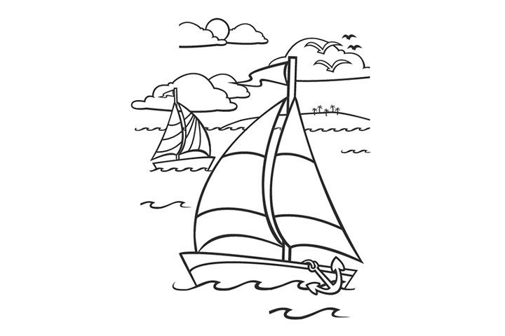 海上日出帆船风景填色图片,图片,简笔画