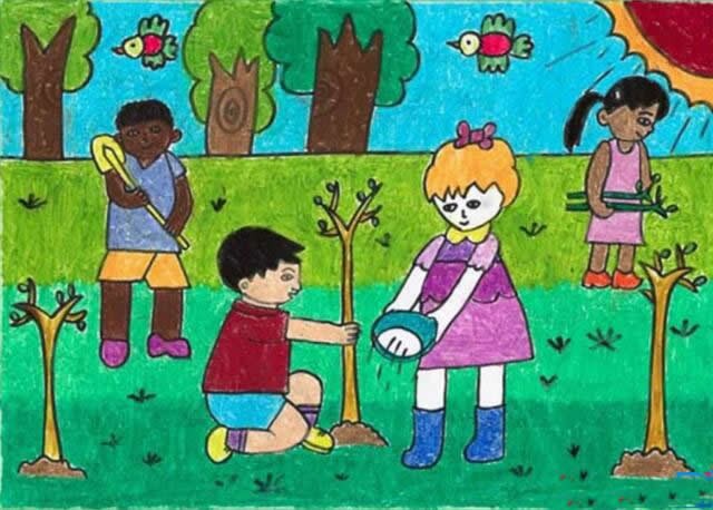春天小朋友植树环保儿童画 - 小朋友植树怎么画