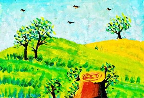 关于春天儿童优秀水粉风景画作品欣赏-枯木又逢春