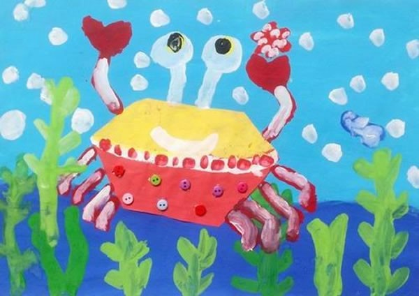 儿童画海底世界的螃蟹/水粉画图片
