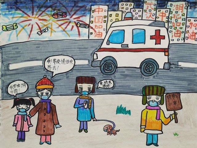 抗击疫情儿童画简单的,与疫情有关的儿童画