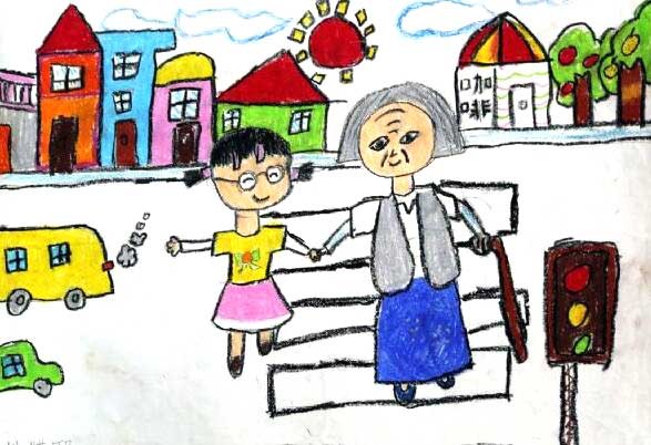 儿童助人为乐扶老奶奶过马路