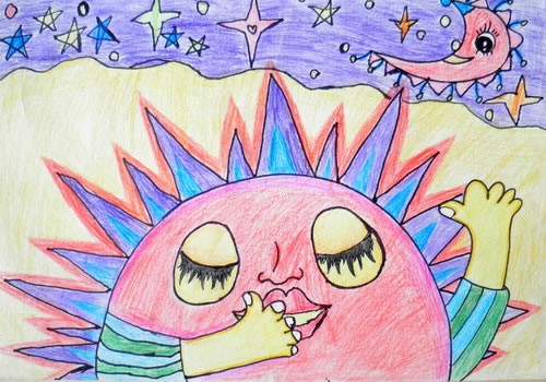 白天黑夜之太阳月亮儿童蜡笔画作品图片