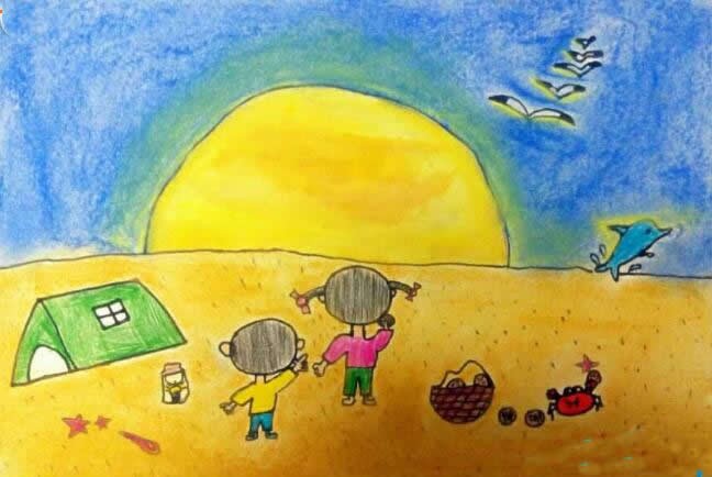 海边日出儿童画 简单儿童风景画海边日出的图画/蜡笔画图片
