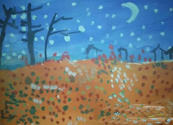 儿童水彩夜晚风景画作品：家乡宁静的夜晚