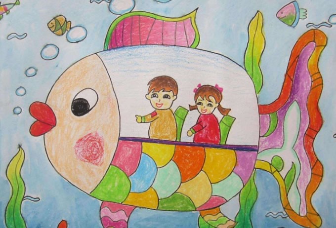遨游海底世界优秀儿童画-水彩画图片