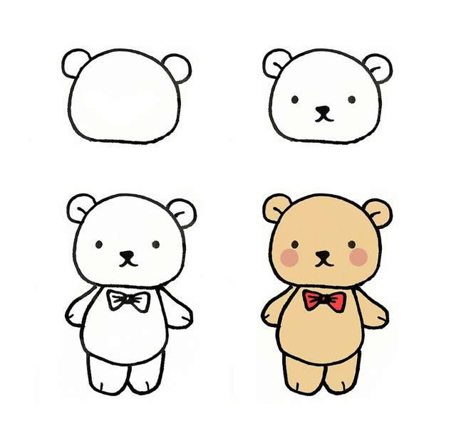 画出小熊的五官;3画出小熊的身体,手,脚和蝴蝶结;4涂上颜色