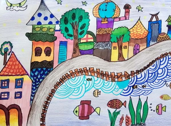 儿童画我美丽的家乡风景画/水彩画图片