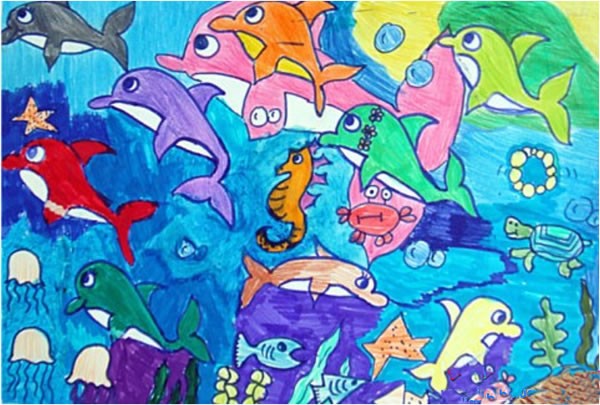 海底五颜六色的可爱海豚儿童画