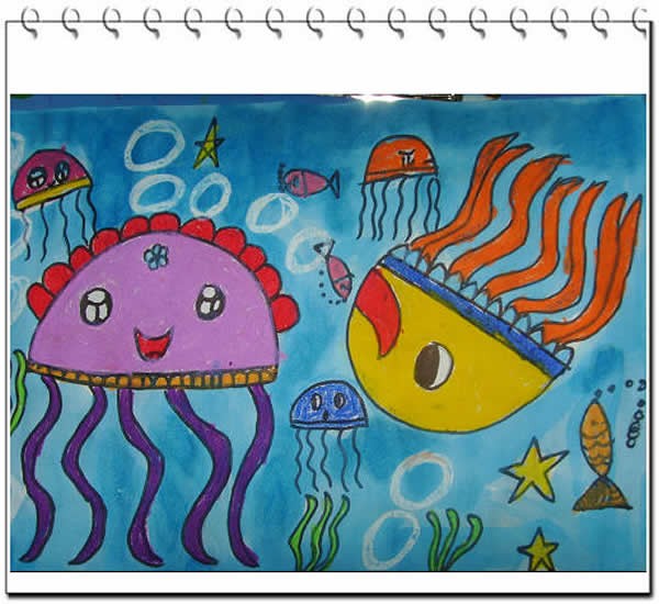 儿童画海底世界图画水母/蜡笔画图片