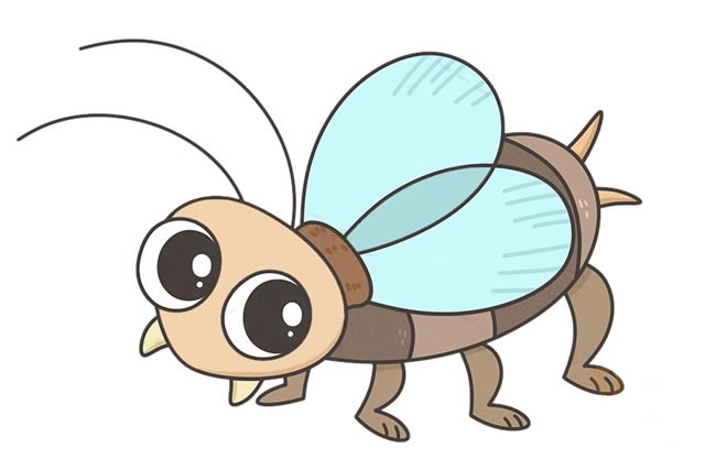 一只可爱的卡通蟋蟀简笔画彩色画法步骤图解教程