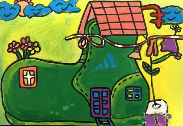 小学生绿色梦想家园儿童画_创意鞋子家园/水粉画图片