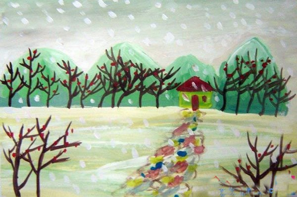 美丽的冬天图画儿童画 怎样教幼儿画大雪纷飞水粉画
