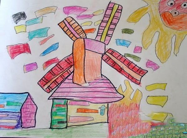 儿童荷兰风车彩色铅笔画_荷兰风车房子简单儿童风景画