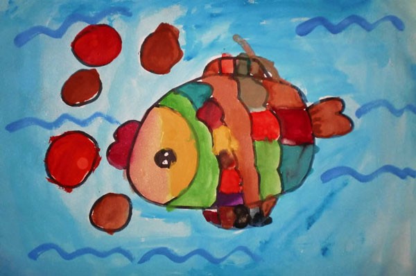 吐泡泡的彩色小鱼儿童画/水粉画图片