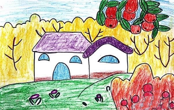 五年级儿童画家乡的秋天图片/蜡笔画图片