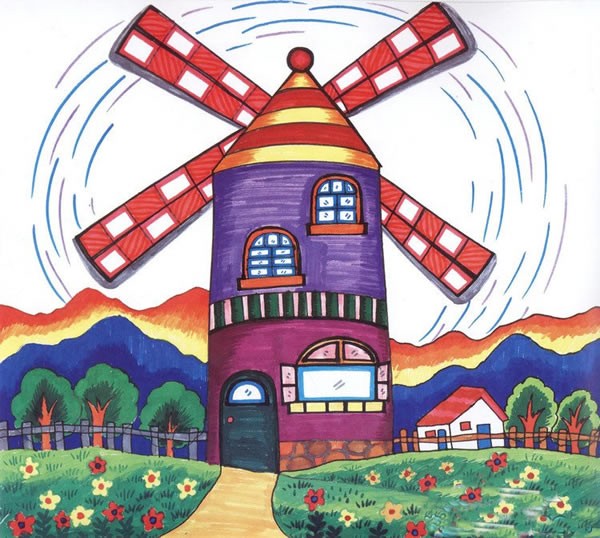 儿童简单彩色铅笔画图片_美丽的荷兰风车