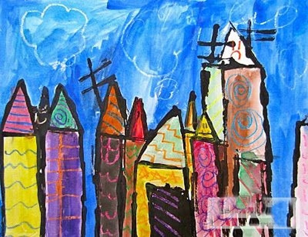 自己的家乡风景画 七岁小朋友儿童绘画欣赏/水彩画图片